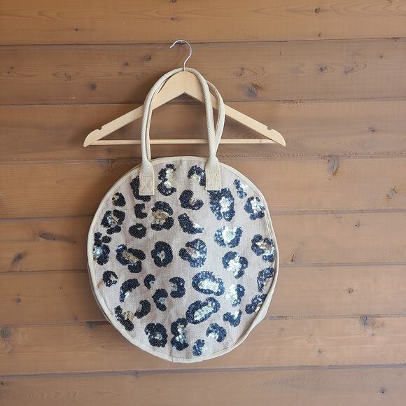 Mud Pie Handbags - Mudpie Jute Leopard Sequin Tote Purse Tan Round Circle Beach Bag Boho Beachy